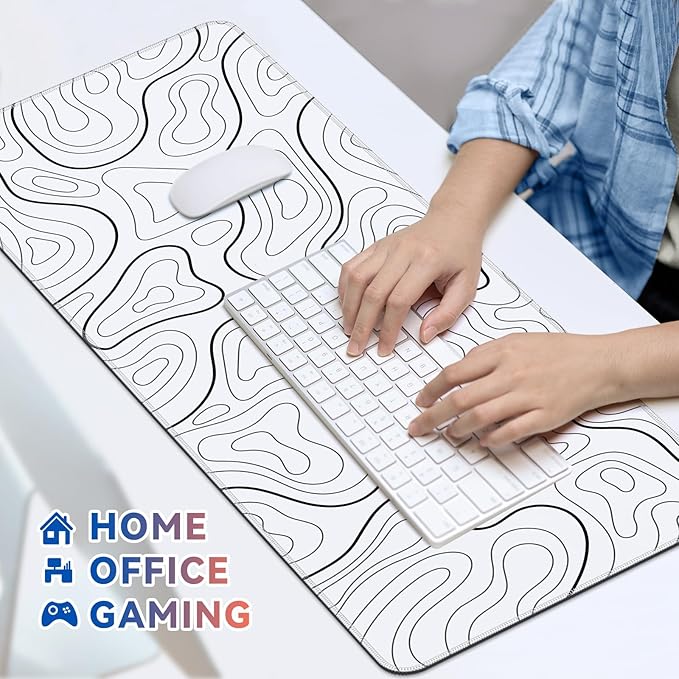 Gaming Mouse Pad Big Mousepad with Non-Slip Rubber Base, 31.5 x 11.8 in XL Large Desk Mat for Gaming Home Office, Long Keyboard Pad Mouse Mat for Computer with Stitched Edges, White Topographic