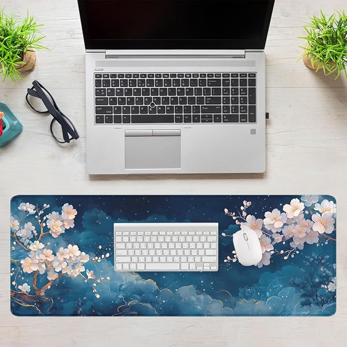 Cherry Blossoms Mouse Pad Japan Watercolor Sky Butterflies Extended Mousepad Waterproof Stitched Edges Rubber Base Non-Slip Deskpad Computer Keyboard Mat 31.5x11.8 in