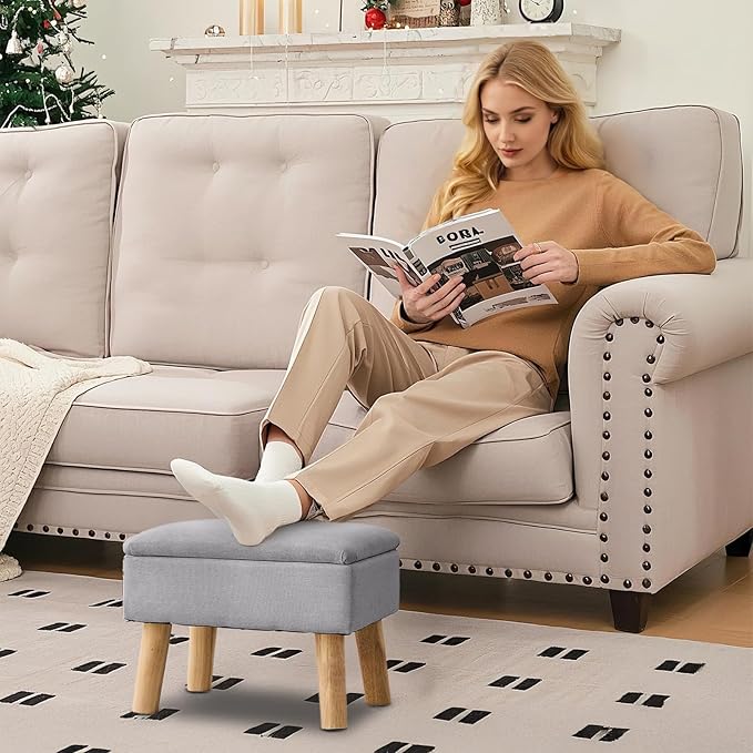 Storage Ottoman, Small Foot Stool Ottoman with Storage, Linen Foot Rest with Wood Legs, Footstool for Living Room, Bedroom, Entryway, Gray