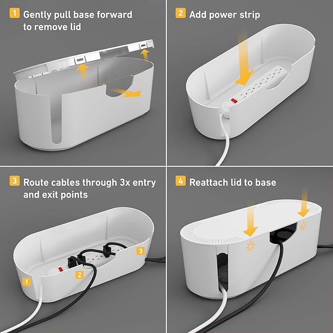 D-Line Cable Management Box, Power Strip Holder, Floor Outlet Hiders, Desk Cord Organizer, Cover TV Wires, Wire Storage – 16.5 in (Length) x 6.5in (Width) x 5.25in (Height) - Large, White