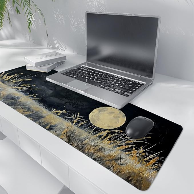 Vintage Gold and Black Full Moon Wilderness Mouse Pad,Aesthetic Dark Night Nature Scenery Desk Mat,Rustic Cottagecore Grassland Mousepad for Home Office Dorm Desktop Decor,31.5x11.8 Inch