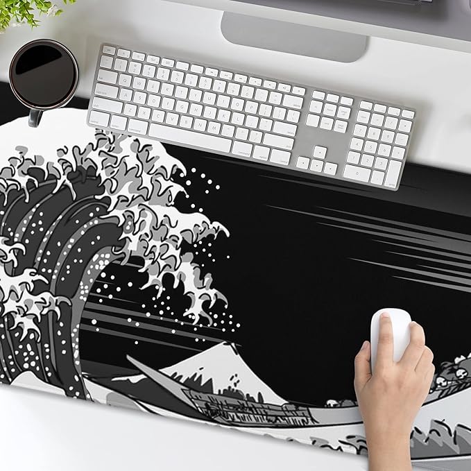 Extended Large Gaming Mouse Pad 31.5x11.8 in Desk Mat Mouse Pads,Japanese Sea Wave Laptop Mousepad PC Keyboard Waterproof and Non-Slip XL Rubber Table Mat Black and White Kanagawa Surfing