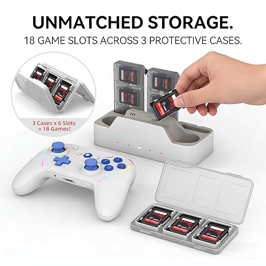 NBCP Wireless Controller and Charging Dock Bundle for Nintendo Switch 2, 5-in-1 Magnetic Fast Charger Station with 18 Game Card Storage, RGB Light, Customizable Turbo & Macro Gaming Remote
