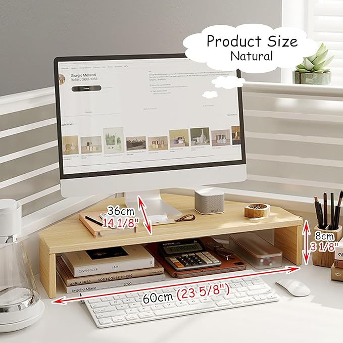 ROYUMI Triangle Corner Computer Stand, Desk Corner Monitor Riser with Storage, Keyboard & Mouse, Screen Stand Office Workspace Organizer (Natural, H-8cm)