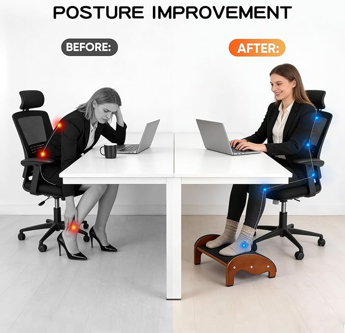 Foot Rest Under Desk – Ergonomic Solid Wood Under Desk Footrest with Non-Slip Silicone Top & Rubber Feet, 10° Tilt Foot Stool for Office Home, 40×28×16cm