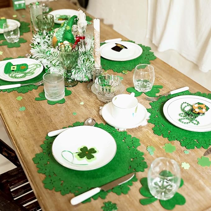 Noctiflorous St. Patrick’s Day Shamrock Green Round Felt Placemats with Coasters Set of 12 Table Decoration Durable Heat-Resistant Non-Slip Washable Place Mats Indoor Outdoor Kitchen Dining Table Mats