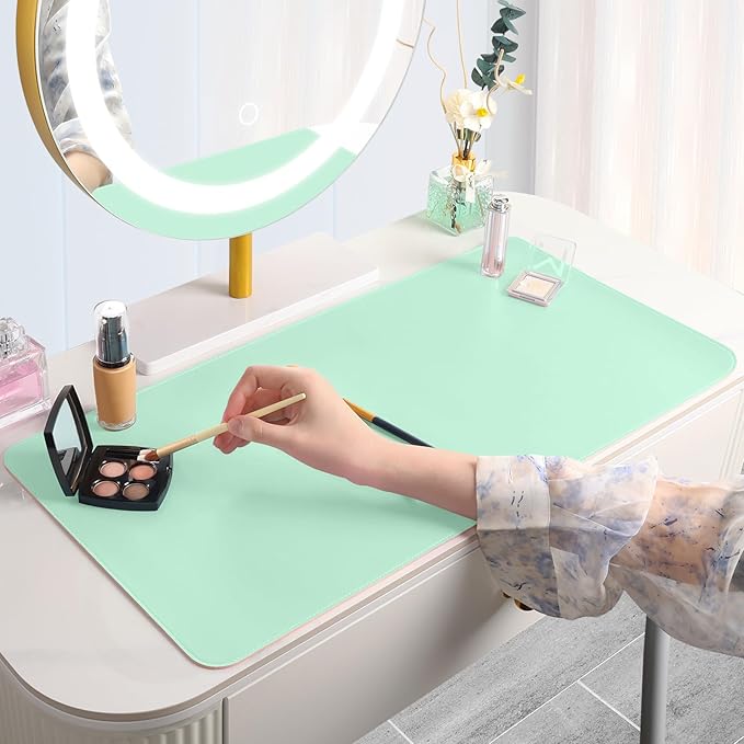 Makeup Mat for Vanity to Protect Desk Top 31.5 x 15.7 in, Dual-Sided Makeup Mat, Easy to Clean Desk Pad - Waterproof and Oilproof Vanity Accessories (Calamine Blue and Mint Green)