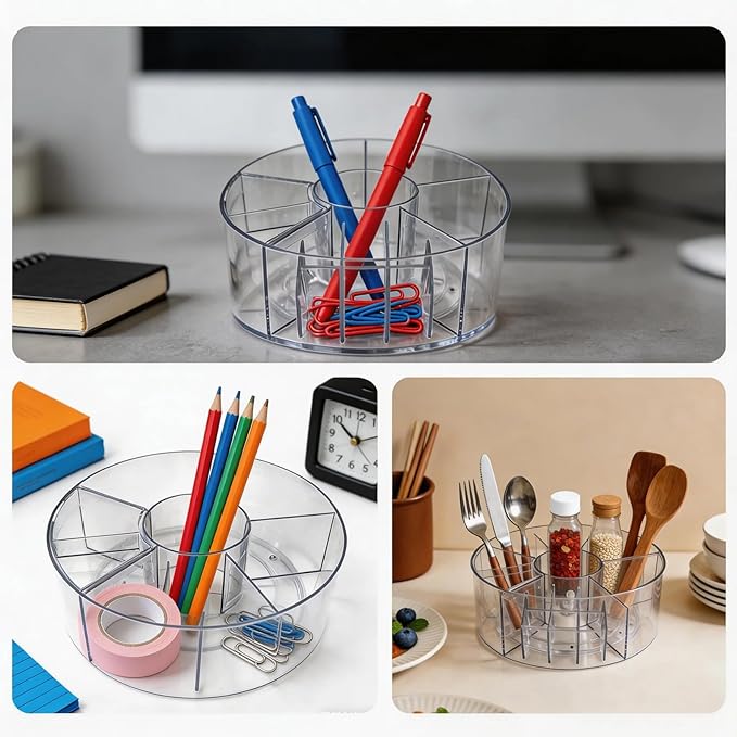 360° Rotating Acrylic Makeup Organizer, Clear Makeup Brush Holder & Pen Holder, Multi-Compartment Rotating Organizer for Cosmetics, Office Supplies, Vanity & Desk