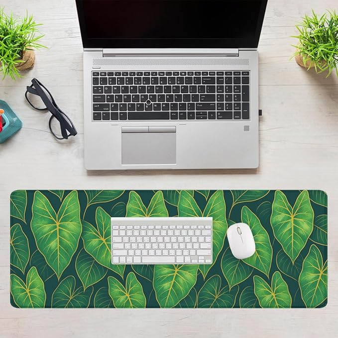 Botanical Leaves Desk Pad Mouse Pad Modern Tropical Green Large Gaming Mouse Mat with Stitched Edges,Non-Slip Waterproof Rubber Base Mous Mat 31.5"x11.8"