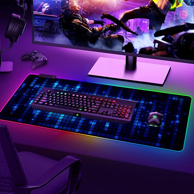 ARTSO Blue RGB Gaming Mouse Pad, XXL Mousepad Non-Slip Rubber Base, Cool Computer Desk Pad Keyboard Mat LED Glowing Square Extended Mouse Pad for Gamer
