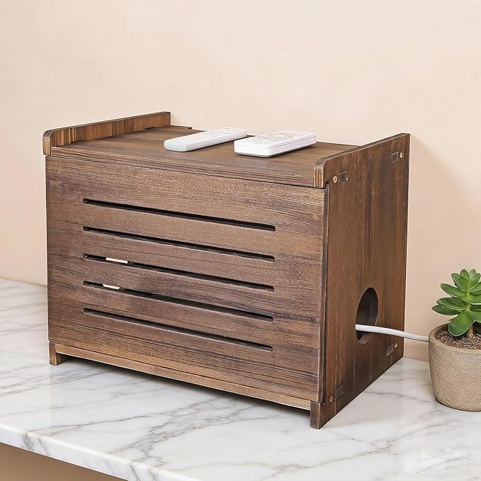 Wooden WiFi Router Storage Box with Sliding Door, Large Capacity Cord Organizer for Router Modem Power Strip, Easy Screw Assembly Cable Hider Box, Hide Cables & Clutter for Home Office Living Room.