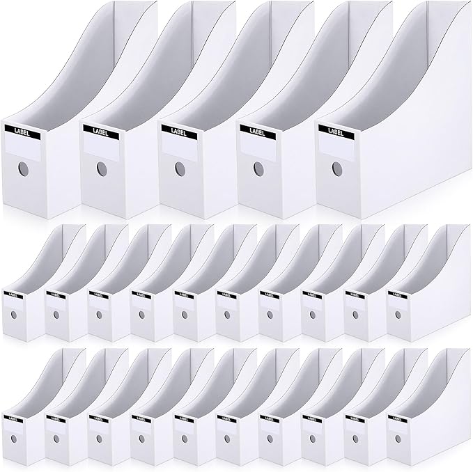 25-Pack White Cardboard Magazine File Holders, 10.2" L x 3.5" W x 10.6" H Large-Capacity Document Organizer Boxes, Foldable Book Bins for Shelves, Office or Home Use with 25 Bonus Labels