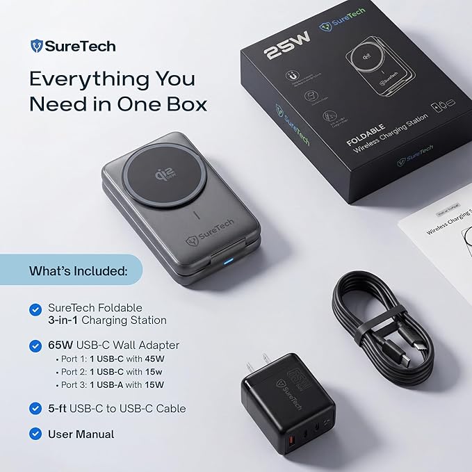 Qi2.2 Certified 3-in-1 Foldable Wireless Charging Station for Apple Devices with 65W Adapter, 25W Fast Charging Dock, Portable Magnetic Charger for iPhone 17-13, Apple Watch Series & AirPods