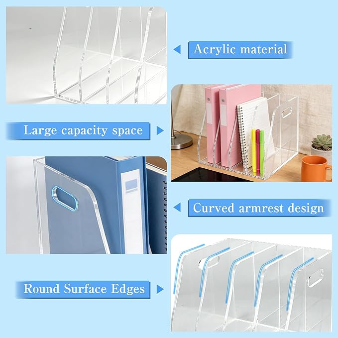 4-Tier Clear Acrylic File Holder, Vertical Document Organizer for Magazines, Binders, Notebooks & Envelopes - Multi-Purpose Desk Storage for Home Office(B5,4 Sections)