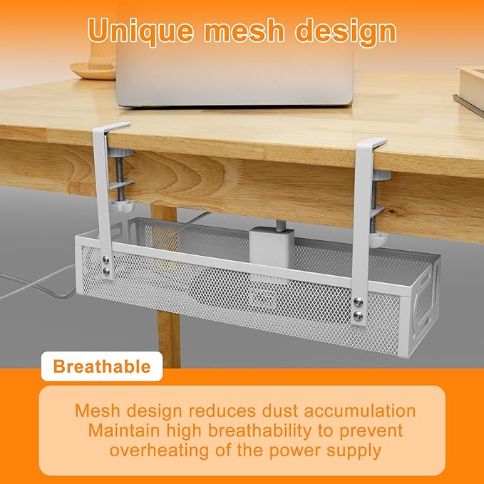 Under Desk Cable Management Tray, No Drill Cable Rack with Clamp Mount, 15" Mesh Wire Management Tray, Metal Under Desk Wire & Cord Organizer for Office Home Cord Hider (White)