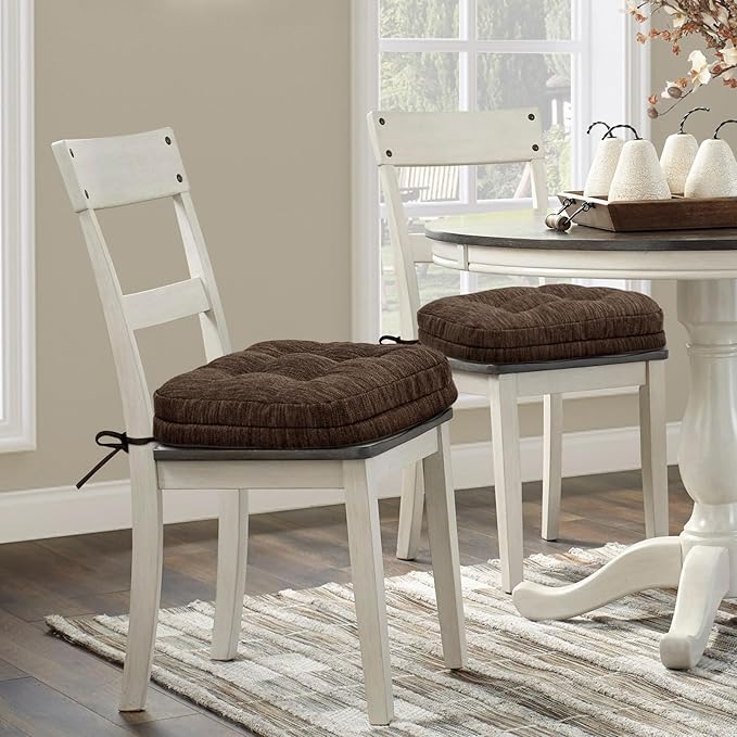 Shinnwa Dining Chair Cushions Set of 2, Dual-Layer Memory Foam Kitchen Chair Cushions, Patented Design Seat Pads with Ties, 16.5 x 16.5 x 3.5in, 2 Pack, Dark Brown
