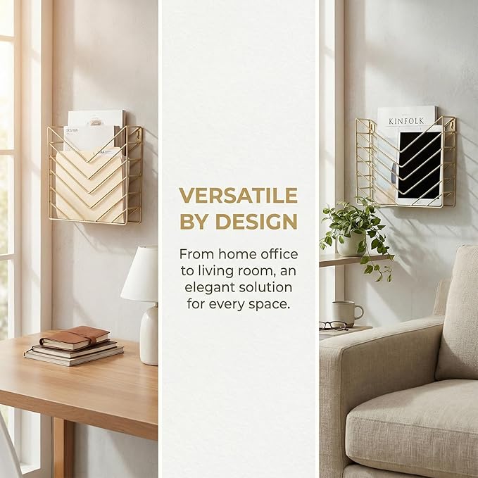 Gold File Organizer, Metal Wall Mounted Magazine Rack, Wall Mounted Magzine Holders for Office, Bathroom (4P Gold)