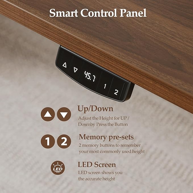 Klicelor 55 x 28 Electric Standing Desk, Sit Stand Up Home Office Desk, Height Adjustable Deep Cumputer Table with Memory Presets and Hooks, Two Pieces, Dark Walnut