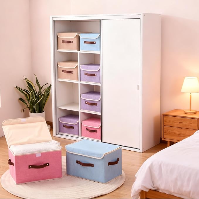Storage Boxes with Lid Cotton Linen Fabric Storage Bins Organizer Container Decorative Collapsible Washable Shelf Baskets Faux Leather Handles for Home Bedroom Closet (Pink, Large)