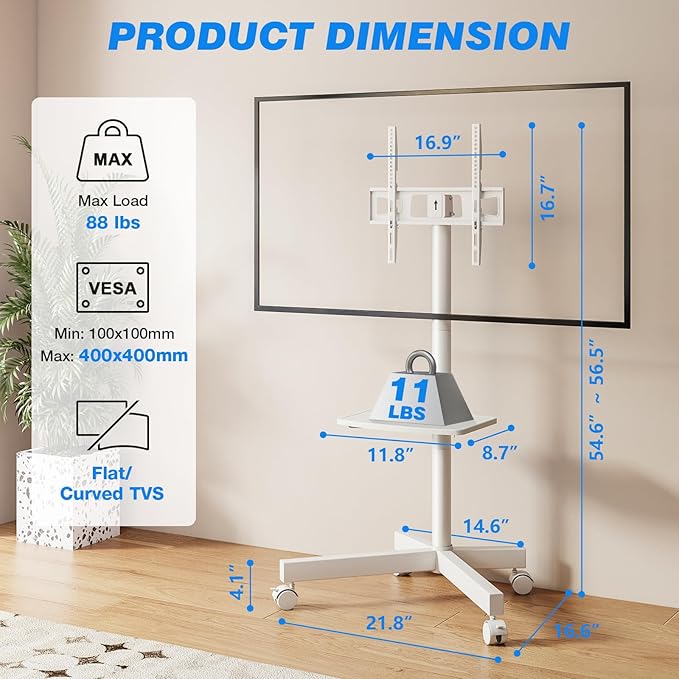 Rolling TV Stand with Shelf for 23-65/32-85 inch TVs up to 88lbs, Portable Mobile TV Cart with Silent Wheel, Tilt & Height Adjustable Universal Corner TV Stand for Bedroom, Living Room (White, 23-65")