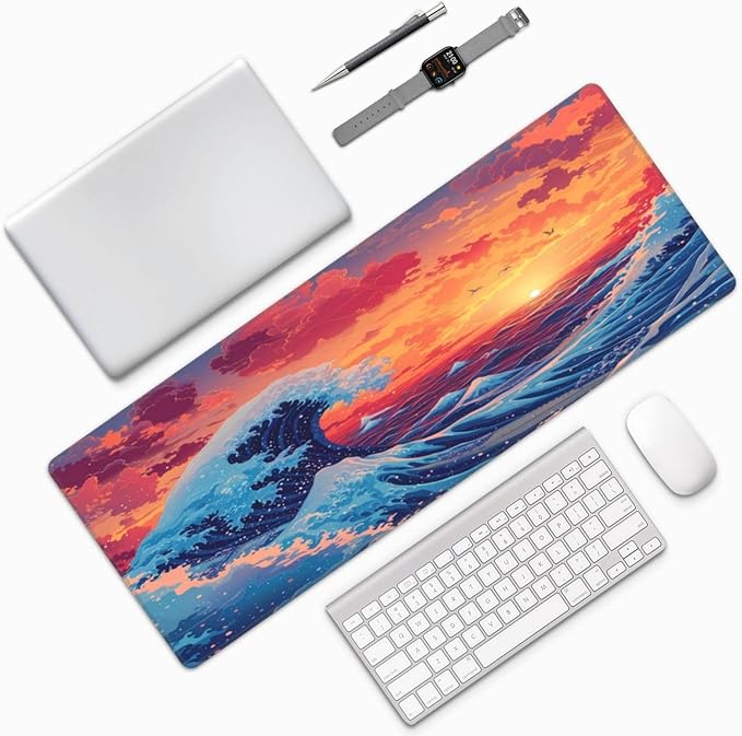 Gaming Mouse Pad Desk Pad,Extended Big Mouse Pad,31.5x11.8 Inch Long Computer Keyboard Mouse Mat Mousepad with 3mm Non-Slip Base and Stitched Edge for Gaming and Officeโฆ (Sunset Wave)