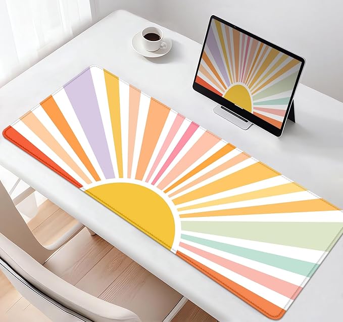 Rainbow Large Desk Mat, Sun Extended Mouse Pad for Laptop, Aesthetic Art Desk Pad Cute, Pink Orange Large Mousepad, Computer pad, Sunrise Desktop Mat for Office Home, Gift for Kids Girly Fresh