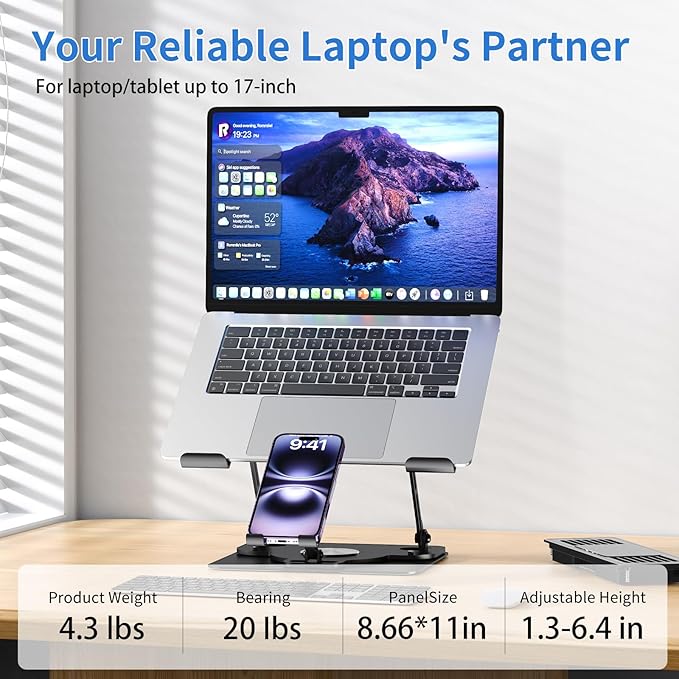 Laptop Cooling Pad with Detachable Fan & Cooler, 2-in-1 Laptop & Phone Stand, Adjustable Angle, 360° Rotatable Base, Carbon Steel, Ultra-Quiet & Super Sturdy for Laptop (Black)