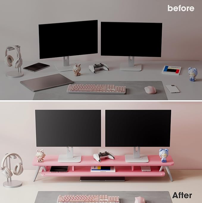 Fenge Dual Monitor Stand, Monitor Stands Riser for 2 Monitors, 42.5 Inch Wood Desk Shelf with Storage Organizer and Cable Management for Office Desk Accessories