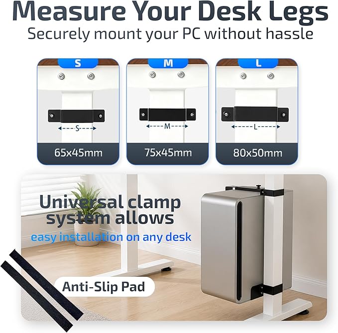 DEHAGLOBAL Clamp Mount Under Desk Pc Mount, Adjustable Height and Width No Drilling 50 lb Capacity with Non-Slip Pads & Cable Organizer for Standing Desk (Black, 65mmx45mm)