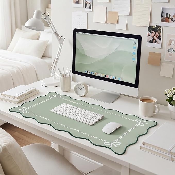 Scalloped Bow Desk Mat Cute Coquette Large Mouse Pad Kawaii Cottagecore Vintage Rustic Keyboard Pad Nonslip 2026 Graduation Gift with Stitching Waterproof Gaming(Sage Green)