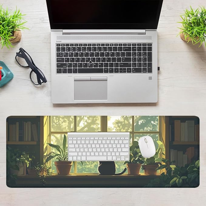 Black Cat Gaming Mouse Pad Cozy Plant XL Mouse Pad Large Mousepad Extended Laptop Keyboard Mat Gaming Desk Pad Mouse Mat Office Computer Keyboard Laptop 31.5"x11.8"