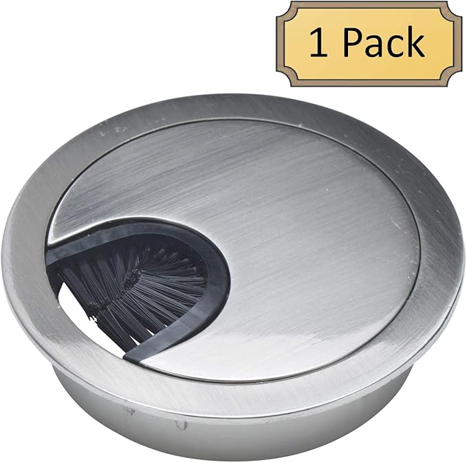 Satin Nickel Metal Cable Grommet | 2 Piece "Lock in" Feature with "Brush" Opening for Management of Office & Computer Desk Wires | 60mm (2 3/8") Hole Opening | 1 Pack