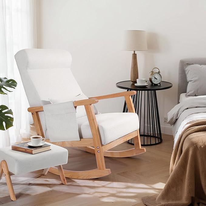 NOBLEMOOD Rocking Chair Indoor with Ottoman, Upholstered Rocking Chair with Lumbar Pillow, Side Pocket, High Back Solid Wood Frame Rocker with Footrest for Living Room