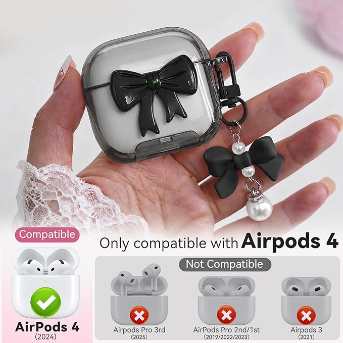 for Airpods 4 Case Pink 2024 with Safety Lock & Phone Stand, 3D Bow Clear iPod 4 Cases with Cute Keychain & Cleaning Kit, Soft TPU Cover for AirPods 4th Generation Case Girls Women (Black)