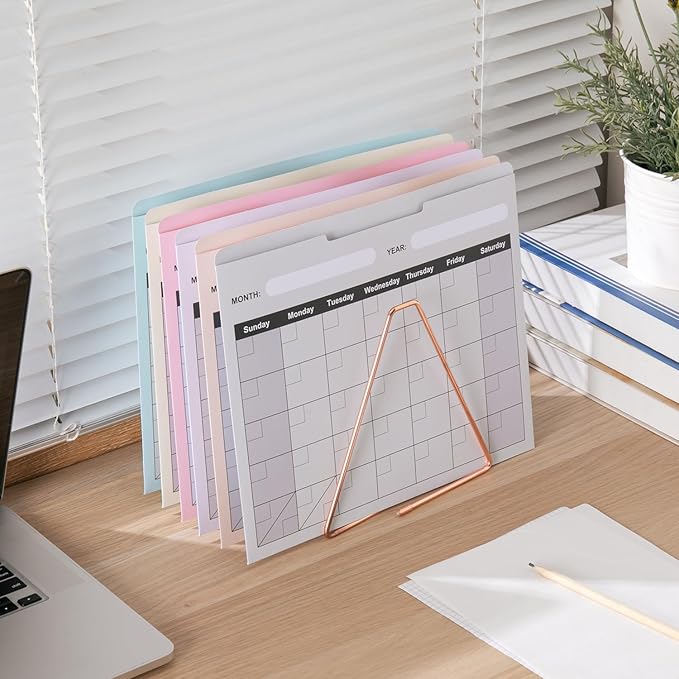 Y YOMA 18 Pack File Folder Jackets Letter Size Paper Pocket File Folder with Reinforced Straight-Cut Tab Pre-Printed Job Folders No Expansion Organizer for Office, Soft Colors, Calendar Design