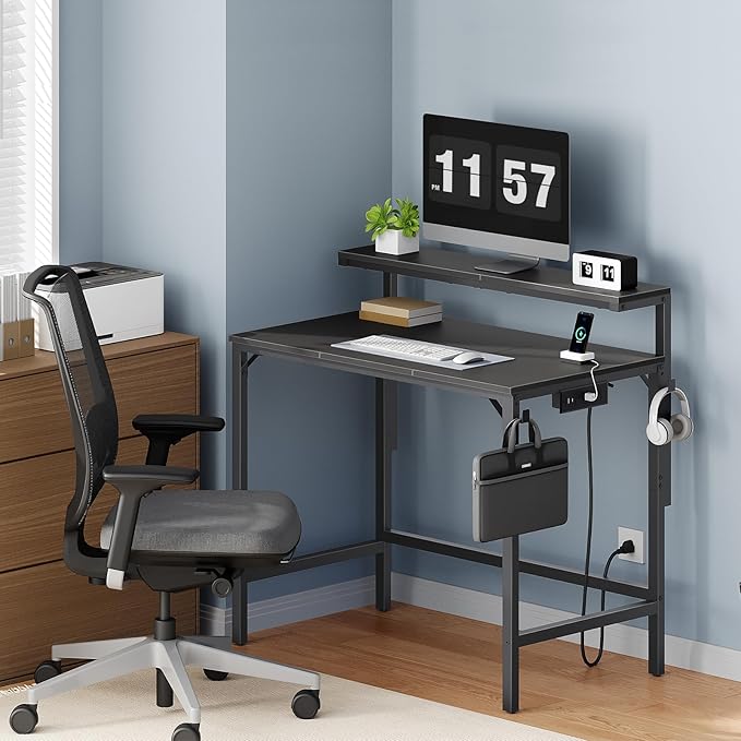 HOOBRO Small Computer Desk, 28.3" Desk for Small Spaces, Home Office Desk with Power Outlet & Adjustable Monitor Stand, Compact Desk with Storage, Writing Table for Bedroom, Office, Black BB38UDN01