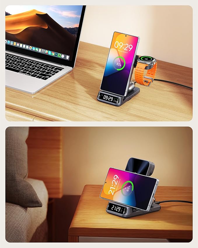SwanScout 3-in-1 Wireless Charging Station for Samsung S25 Ultra/S25/S24/S23/S22/Z Flip7, Foldable Wireless Charger for Galaxy Watch 8 Classic/8/Ultra/7/FE/6/5, SwanScout 708S (No Adapter)