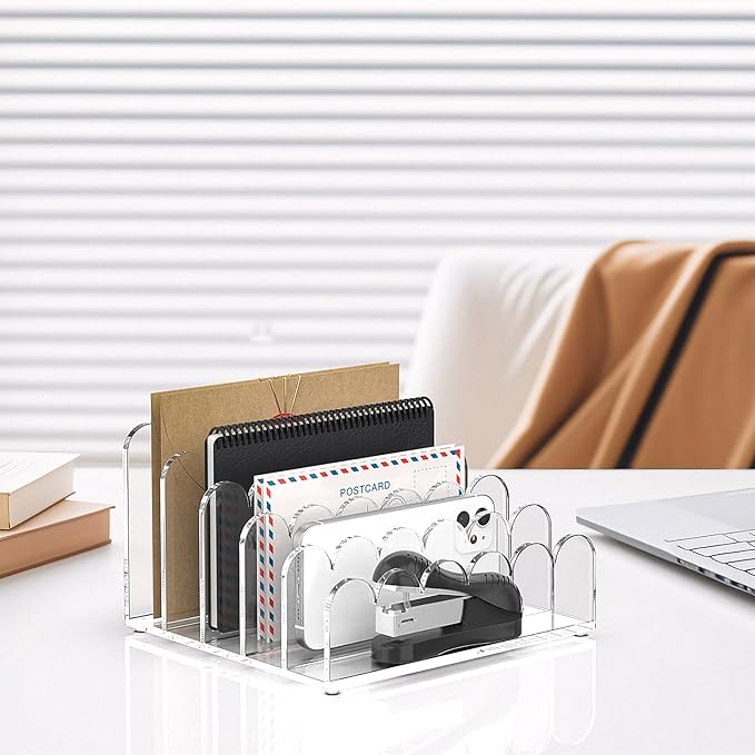 YAGELI 2 Pack 5-Slot Acrylic Mail Organizer for Desktop โ Scalloped Clear Document Sorter, Vertical File Holder for Office/Home, Space-Saving Desk Organizer for Letters,Envelope,Bills,Stationery