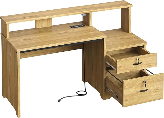Bestier 55" Computer Desk with Power Outlets & LED Lights, Home Office Desk with Lockable File Drawer & Printer Shelf, Monitor Stand, Modern Gaming Desk & Study Workstation, Natural Oak