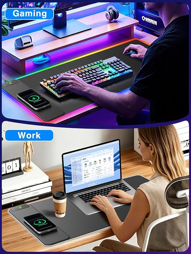 XXL RGB Gaming Mouse Pad with 15W Magnetic Wireless Charging, 31.5'' x 15.8'' Extra Large LED Mousepad, 24 Lighting Effects Desk Mat with Non-Slip Rubber Base, Waterproof Ultra-Smooth Surface