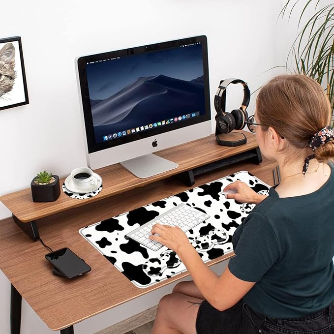 Ergonomic Mouse Pad Set with Wrist Support for Keyboard and Wrist Rest for Mouse, Memory Foam Comfort, Non-Slip Large Desk Mat for Home Office Pain Relief,Cow Print