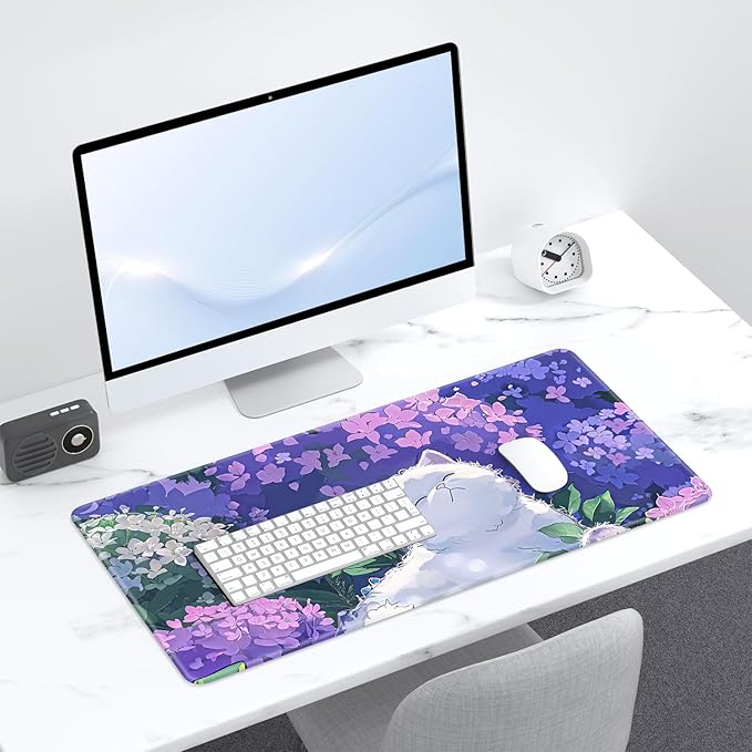 Desk Pad, 32" x 16" XXXL Extended Large Gaming Mouse Pad, Desktop Decor Desk Mat, Men Women Office Supplies and Accessories, Cute Anime Mouse Mat for Laptop & Keyboard, Hydrangea Cat