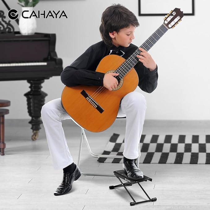 CAHAYA Guitar Foot Rest Stool - 6 Position Height Adjustable Footstool with Non-Slip Rubber Pad for Classical Acoustic Electric Bass Guitar Player Black