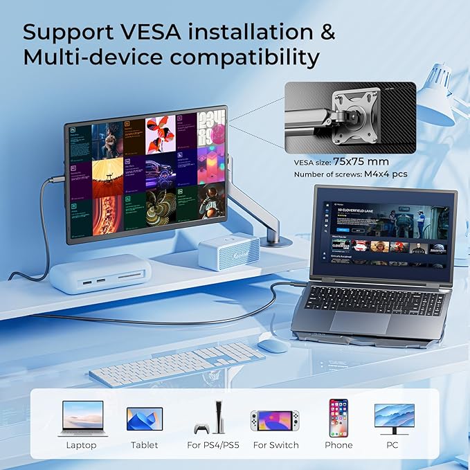 Laptop Screen Extender 16.1", 1200P FHD, Portable Monitor 360ยฐ Rotating Detachable Stand, Height Adjustable Monitor Extender for Laptop 13-17.5", Plug-Play for Tablet, PC, Phone, etc