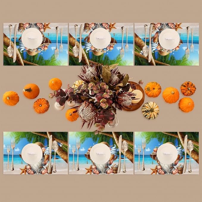 Placemats Set of 4 Heat-Resistant Rectangle Place Mats Beach Palm Gnomes Cute Washable Plastic PVC Dining Table Mat Non-Slip Wipeable Woven Vinyl Placemat for Kitchen Patio Table Decor