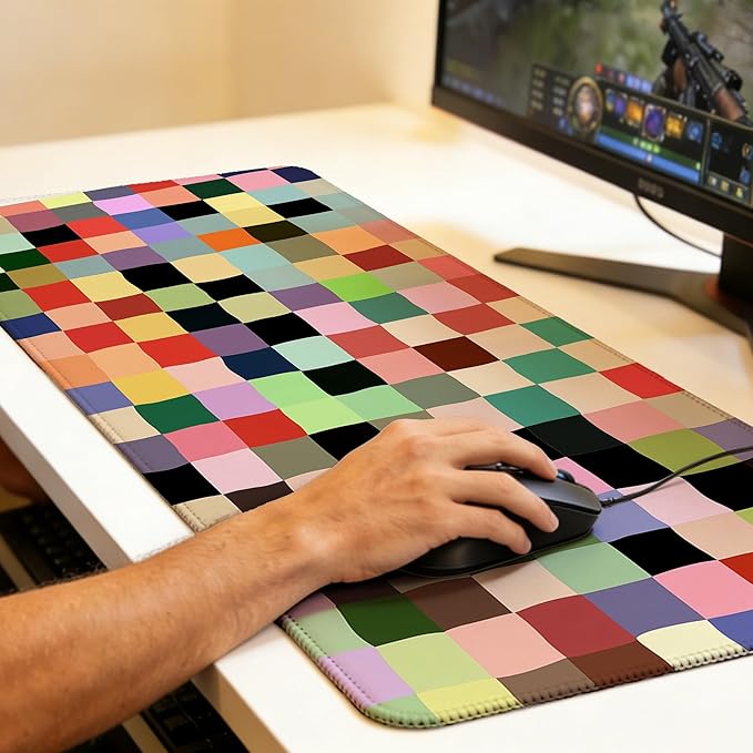 Large Gaming Mouse Pad Colored Squares Desk Mat,Non-Slip Rubber Base Stitched Edges,Extended Mousepad for PC,Laptop,Office,Home Decor(31.5 x 11.8 Inch)
