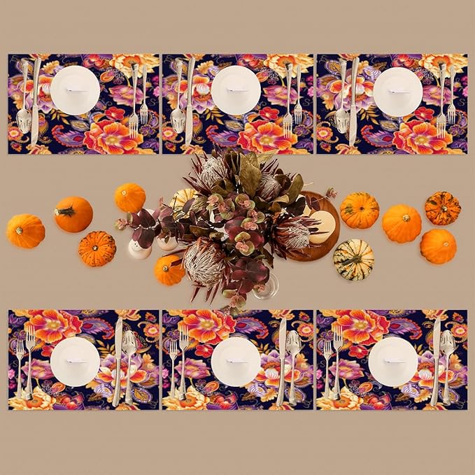 Placemats Set of 4 Heat-Resistant Rectangle Place Mats Ethnic Boho Flower Washable Plastic PVC Dining Table Mat Non-Slip Wipeable Woven Vinyl Placemat for Kitchen Patio Table Decor