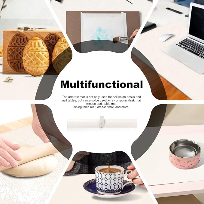 Foldable Nail Art Table Mat, Waterproof PU Leather Desk Mat for Manicure, Non-Slip Protective Pad for Nail Tech Salon Home, Portable and Easy Clean (White, 60x30cm)(Hand Rest Cushion not Included. )