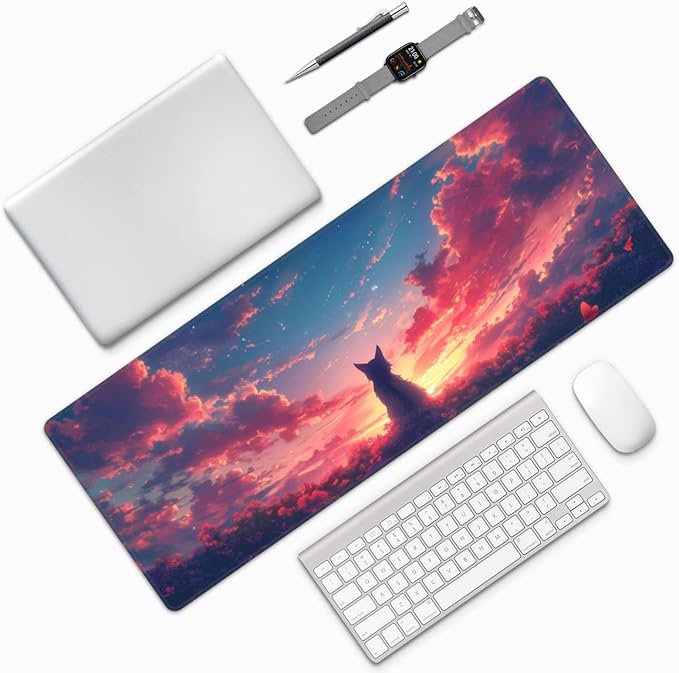 Gaming Mouse Pad Desk Pad,Extended Big Mouse Pad,31.5x11.8 Inch Long Computer Keyboard Mouse Mat Mousepad with 3mm Non-Slip Base and Stitched Edge for Gaming and Officeโฆ (Sunset Cat)