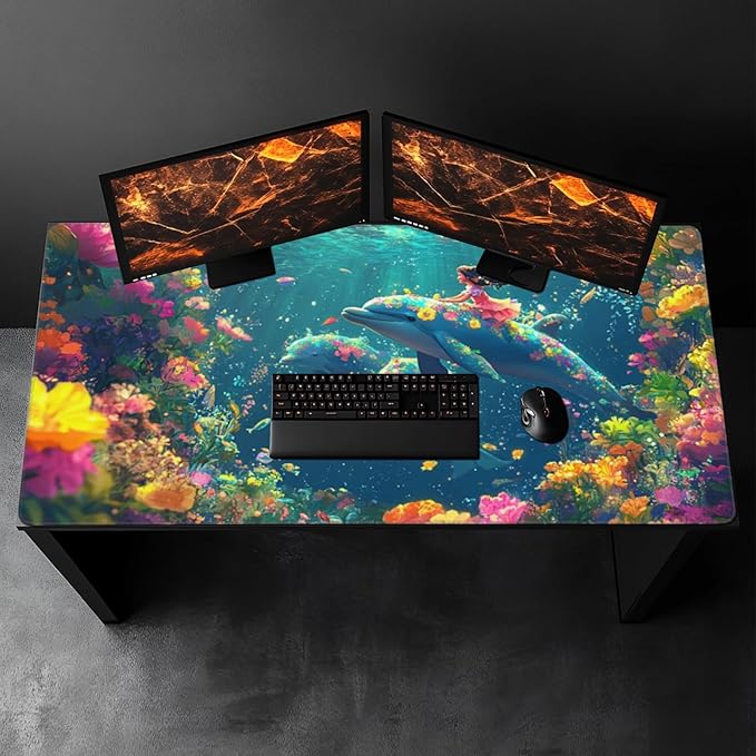 3XL Huge Ocean Mouse Pads Oversized 48"x24" - Extra Large Gaming XXXL Mouse Pad for Full Desk - Whales Marine Life Mousepad with Stitched Edges Non-Slip Rubber Base, Desk Mat